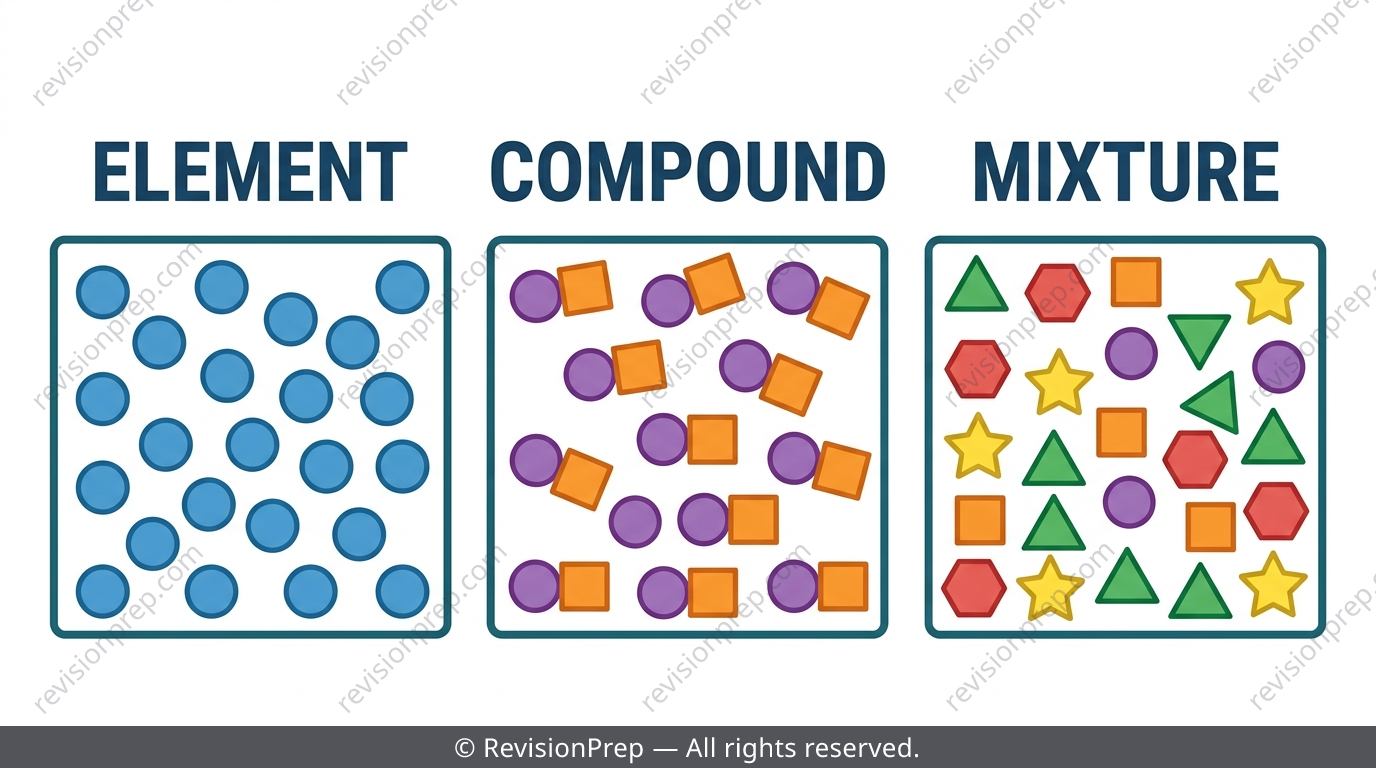 Three boxes showing particle arrangements for an element, a compound and a mixture