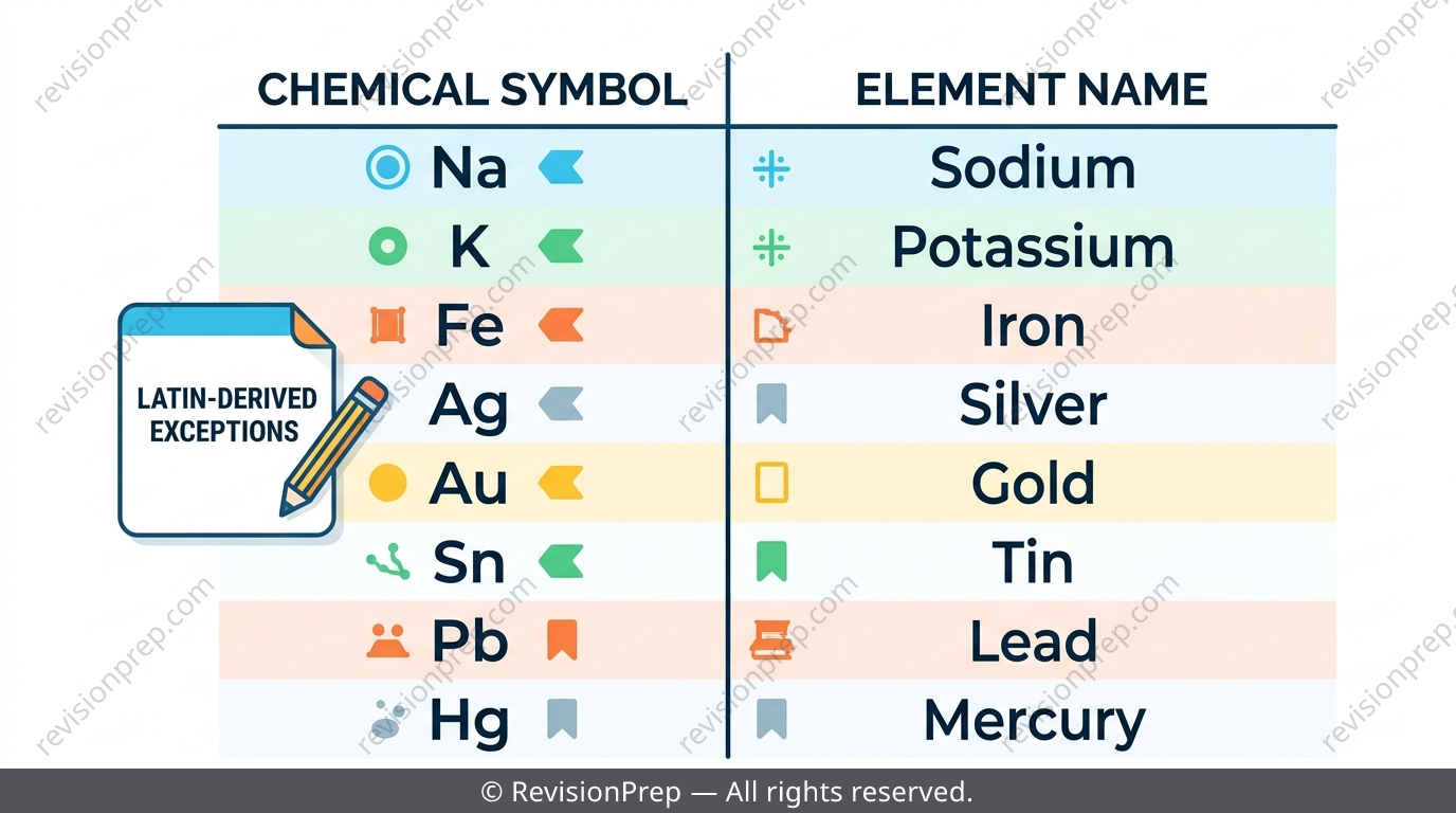 Table pairing chemical symbols with their Latin-derived element names