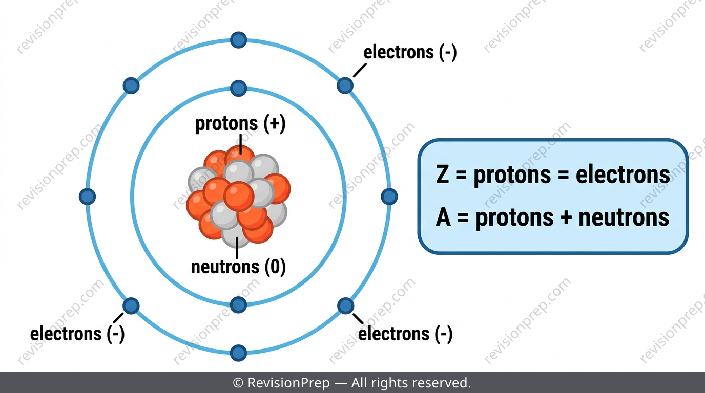 Labelled atom diagram showing nucleus with protons and neutrons and electron shells