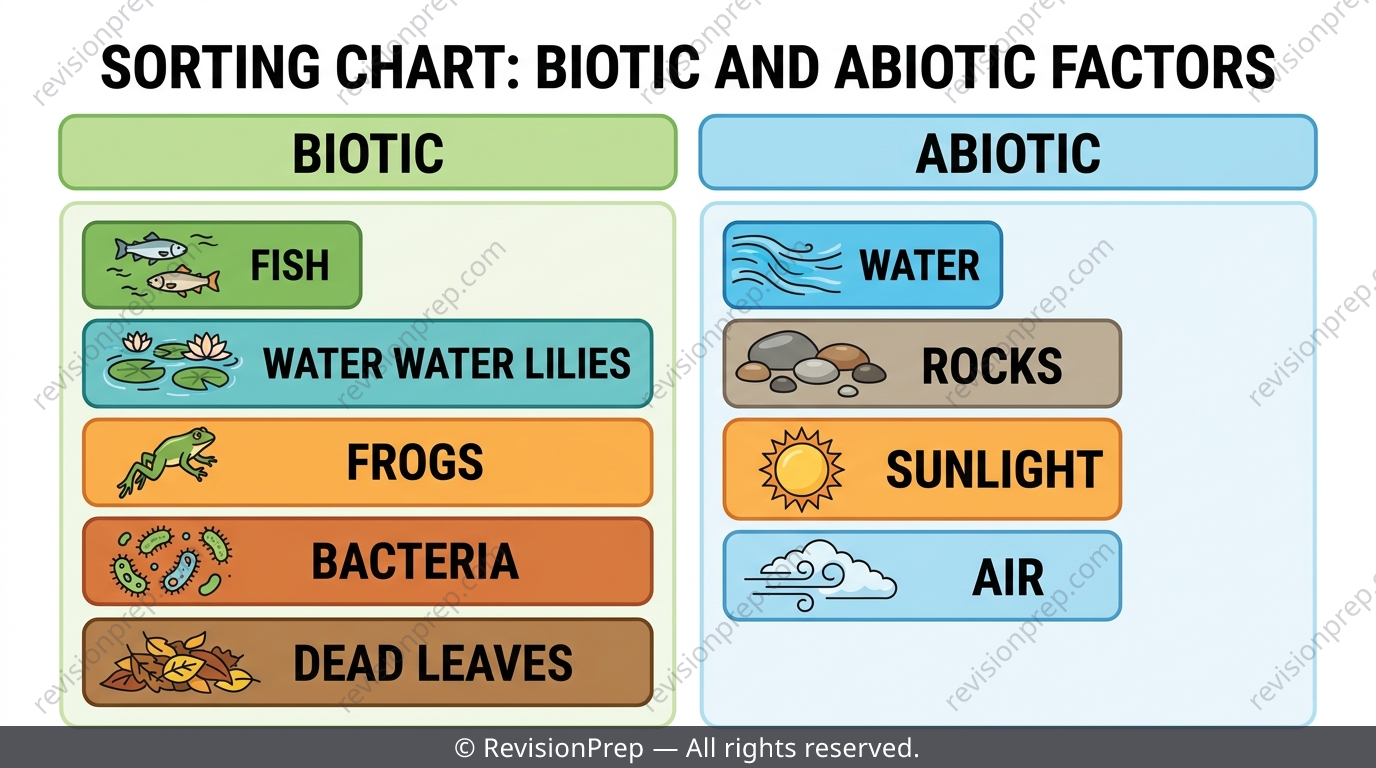Two-column sorting table of biotic and abiotic pond components