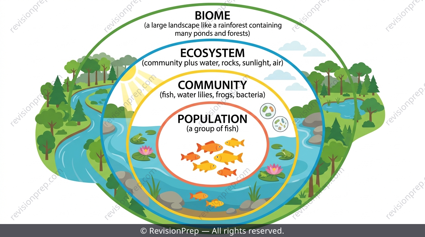 Diagram showing population, community, ecosystem and biome as nested levels