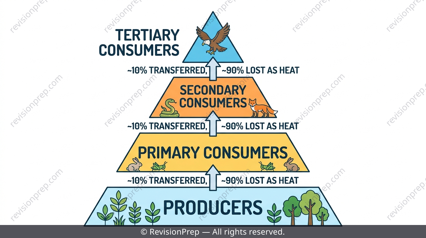 Energy pyramid showing four trophic levels with 10 percent energy transfer between each