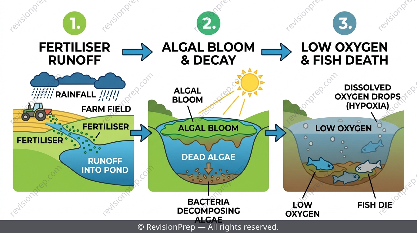 Flow chart showing pollutant entering water, lowering oxygen, then harming fish