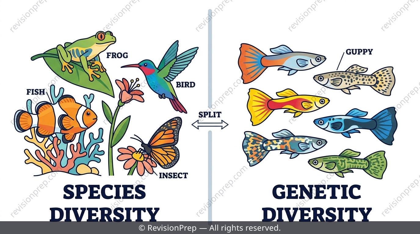 Comparison illustration of species diversity versus genetic diversity