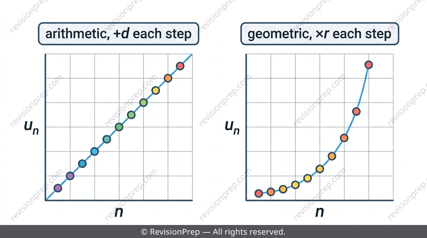 Comparison of a straight-line arithmetic sequence graph and a curved geometric sequence graph