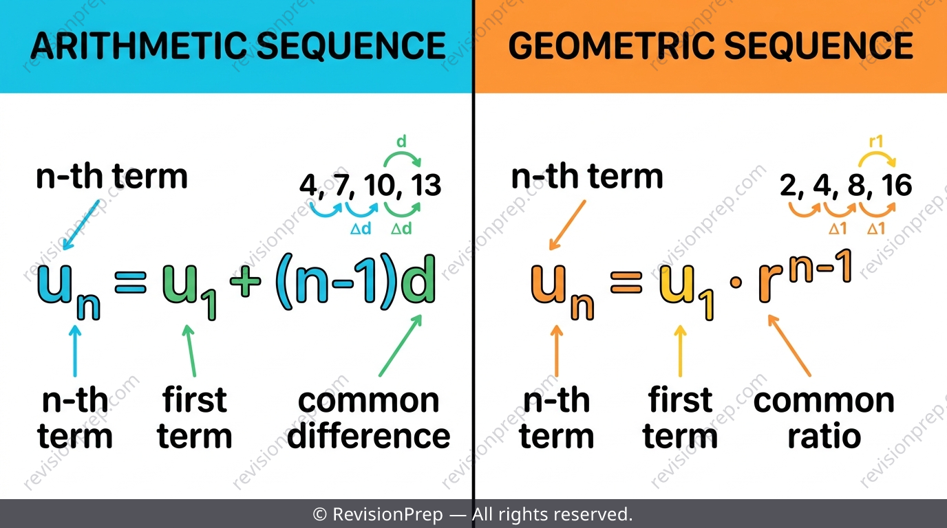 Formula card showing the arithmetic nth-term formula and geometric nth-term formula side by side