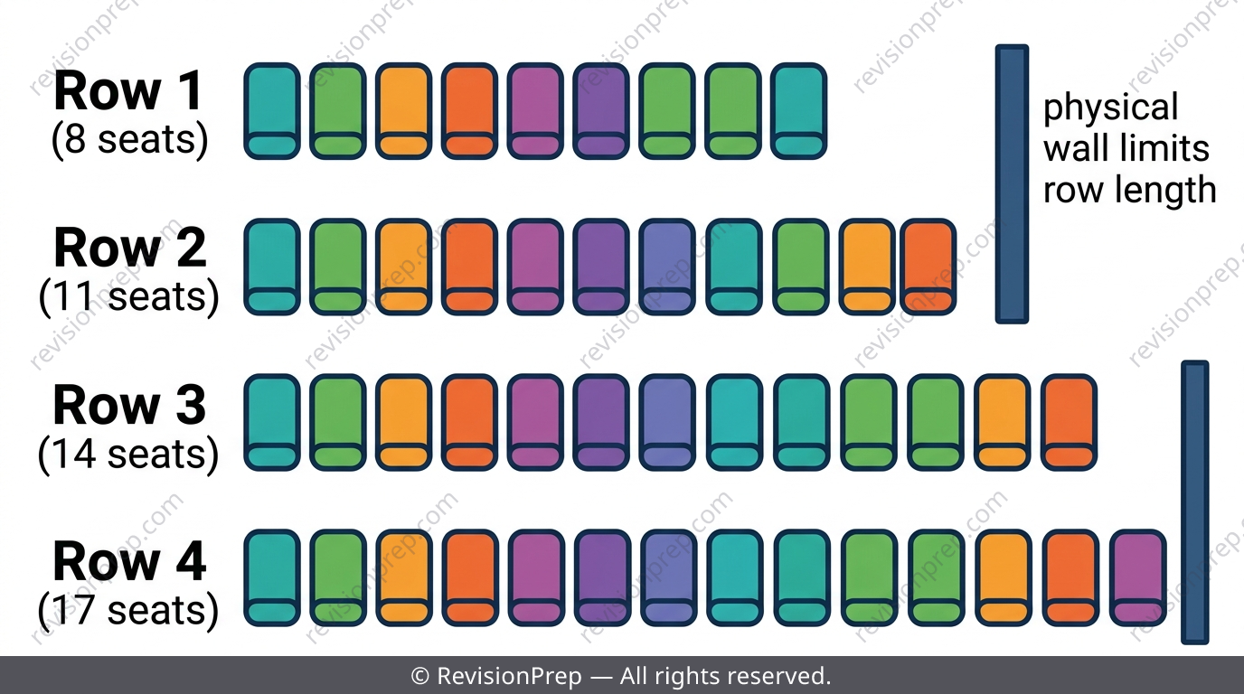 Theatre seating rows increasing arithmetically, with a wall symbol showing a physical limit