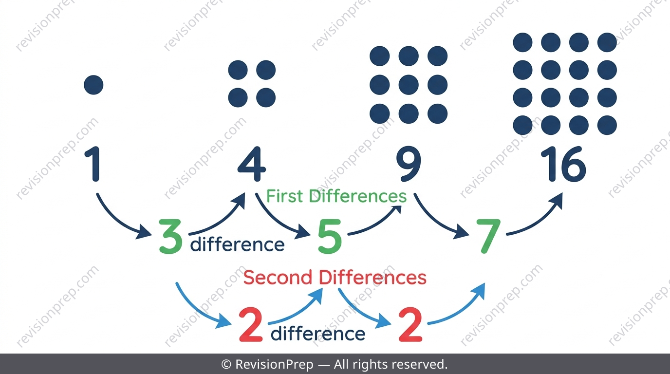 Sequence of square number dot patterns with first and second differences labelled underneath