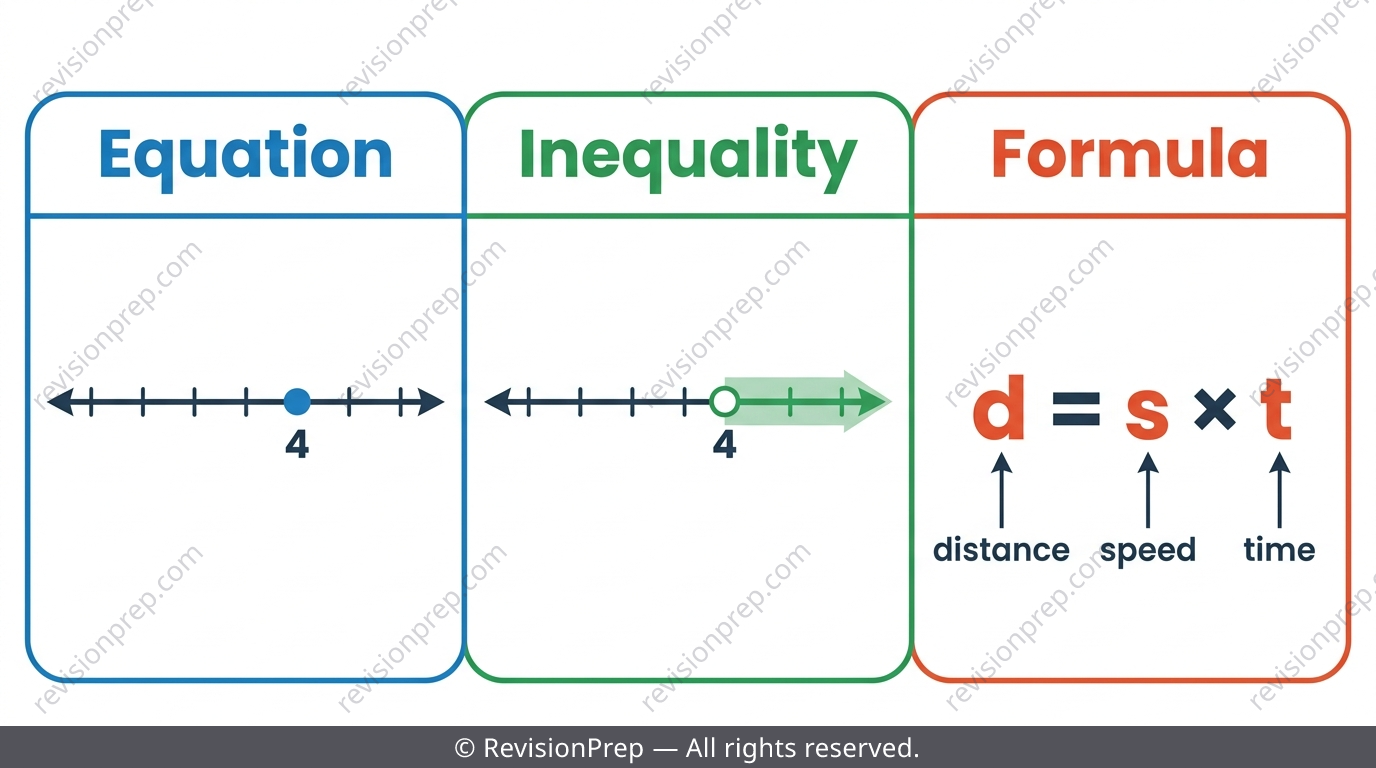 Diagram comparing an equation point, an inequality region, and a formula rule