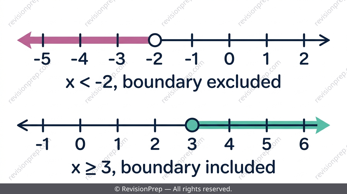 Number line showing open and closed circles for strict and inclusive inequalities