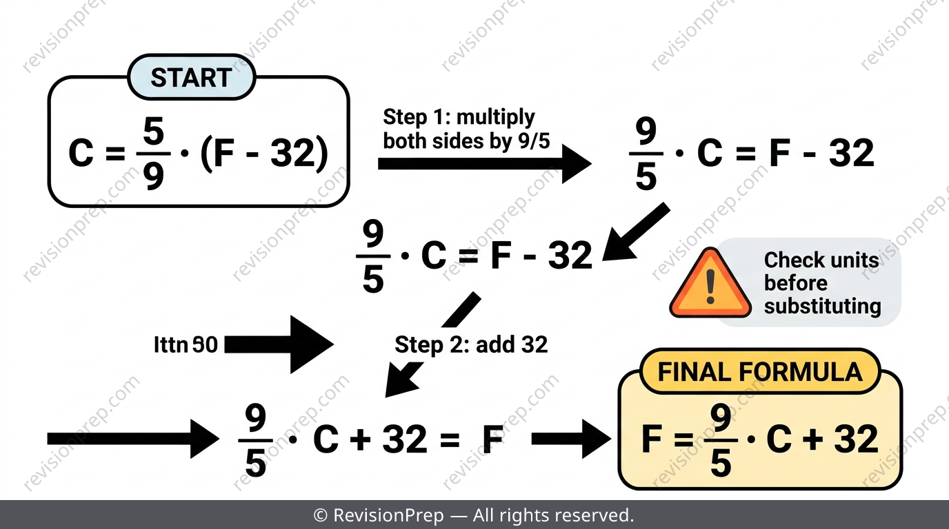 Formula rearrangement showing Celsius to Fahrenheit conversion step by step