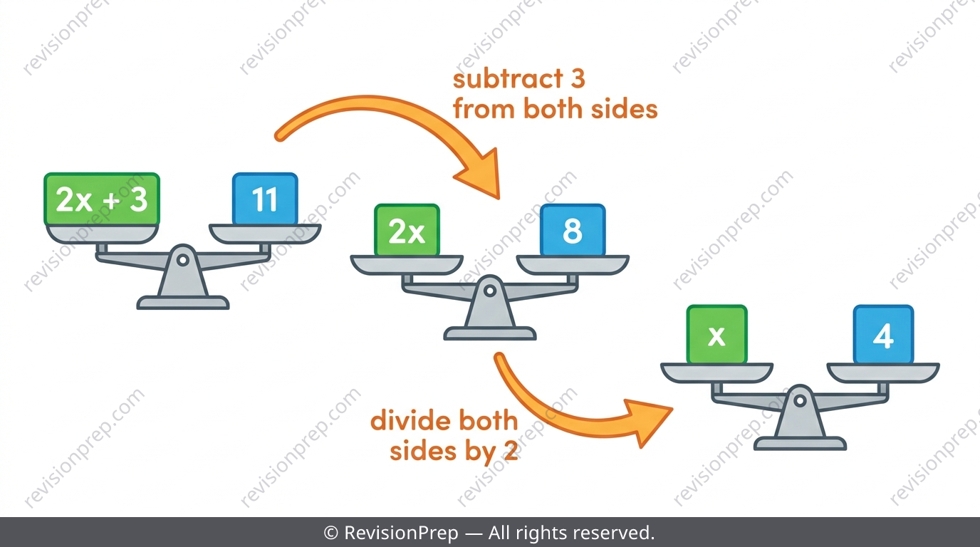 Balance scale illustrating the balance method for solving a two-step equation