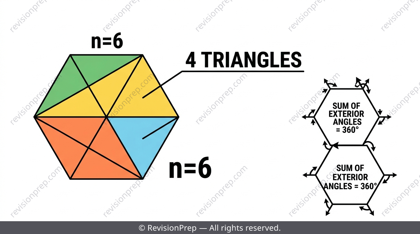 Hexagon split into triangles from one vertex to show interior angle sum derivation