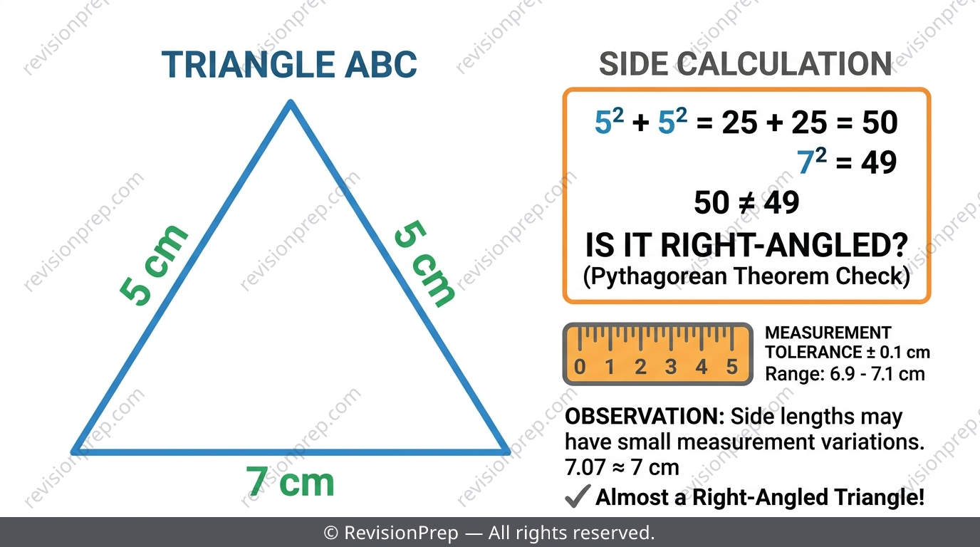 Triangle with sides 5, 5, 7 showing Pythagorean inequality calculation
