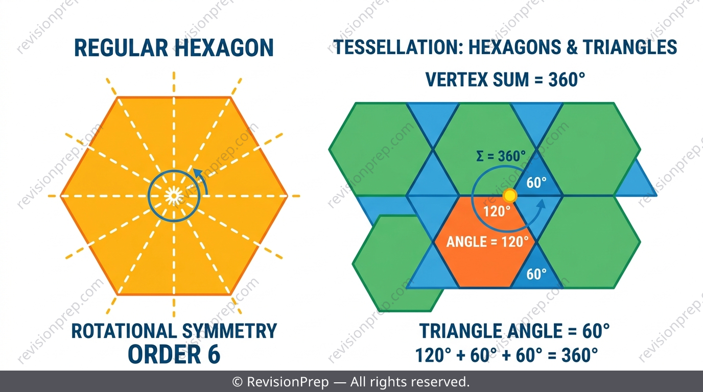 Regular hexagon showing lines of symmetry and a tessellation pattern of triangles and hexagons