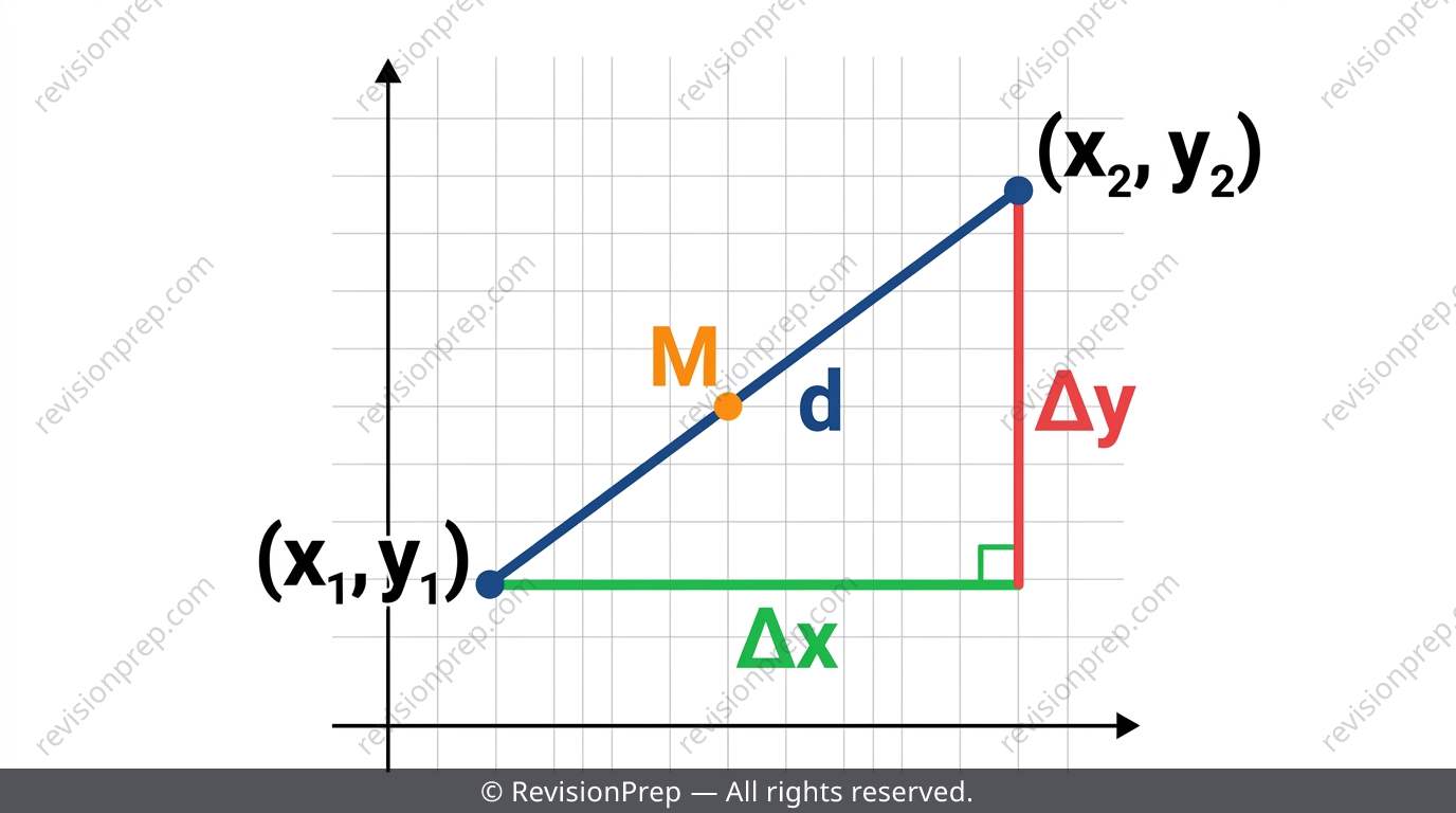 Two points on a coordinate grid with a right triangle showing horizontal and vertical differences used in the distance formula