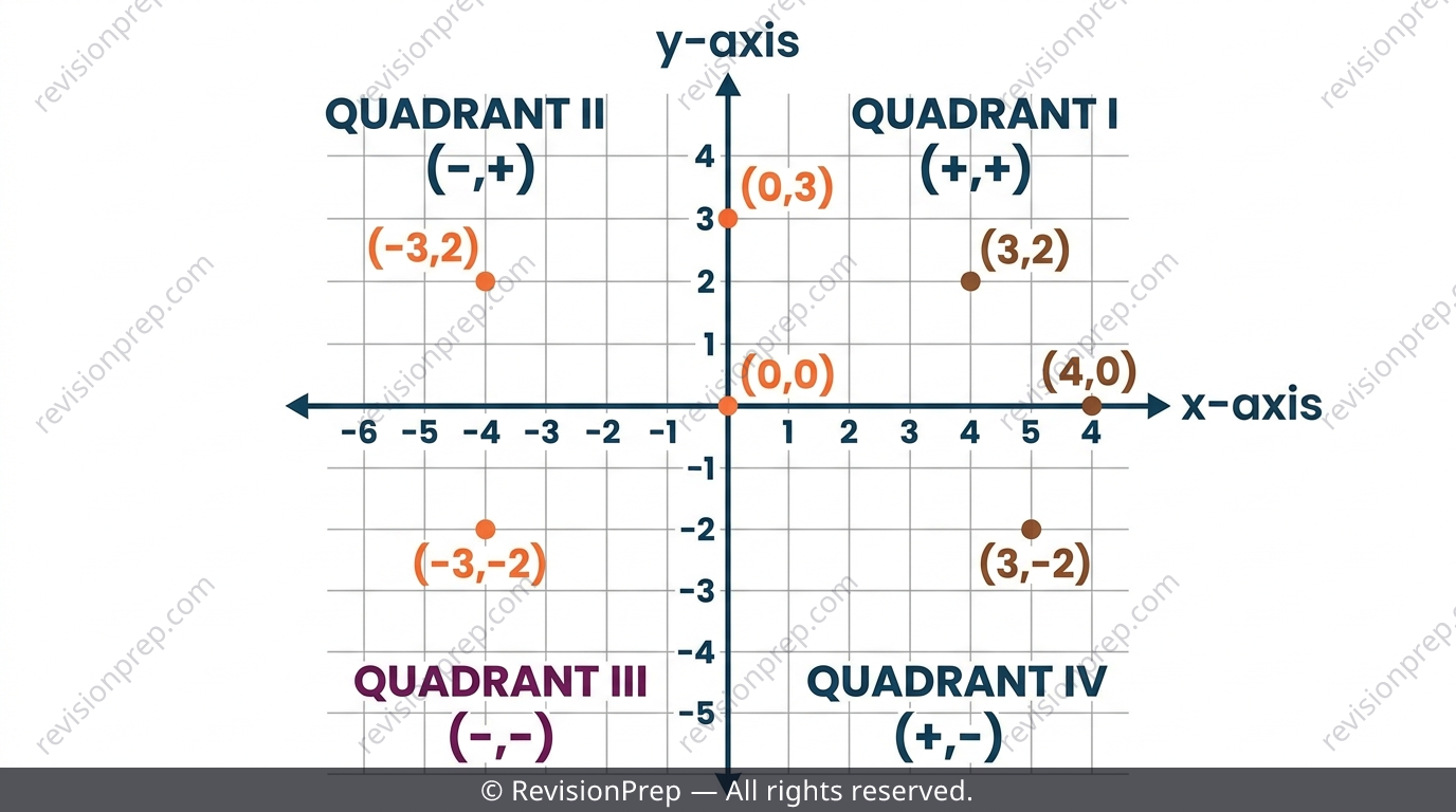 Cartesian plane with four labelled quadrants and example points including one on each axis