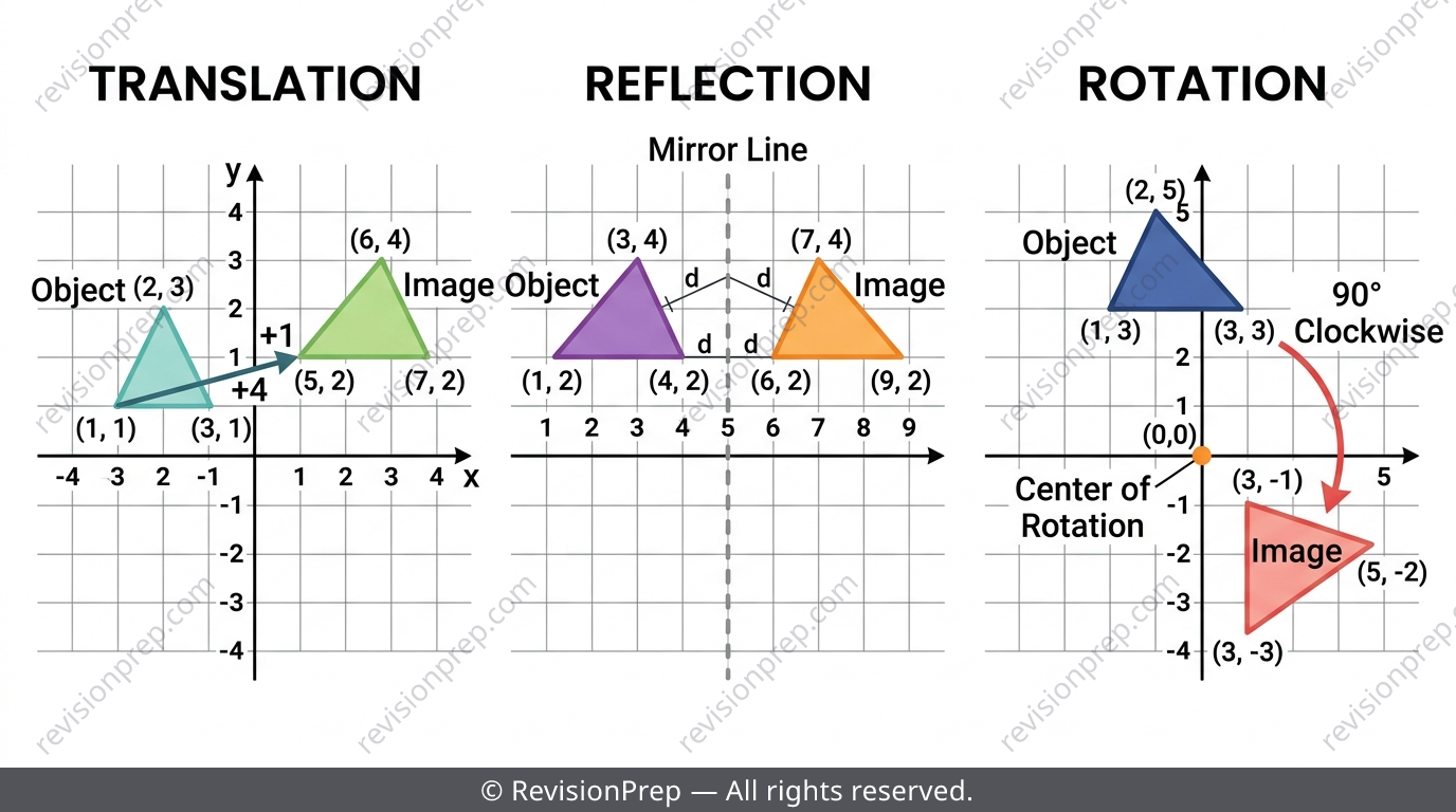 Same triangle shown after translation, reflection and rotation, each labelled with object and image