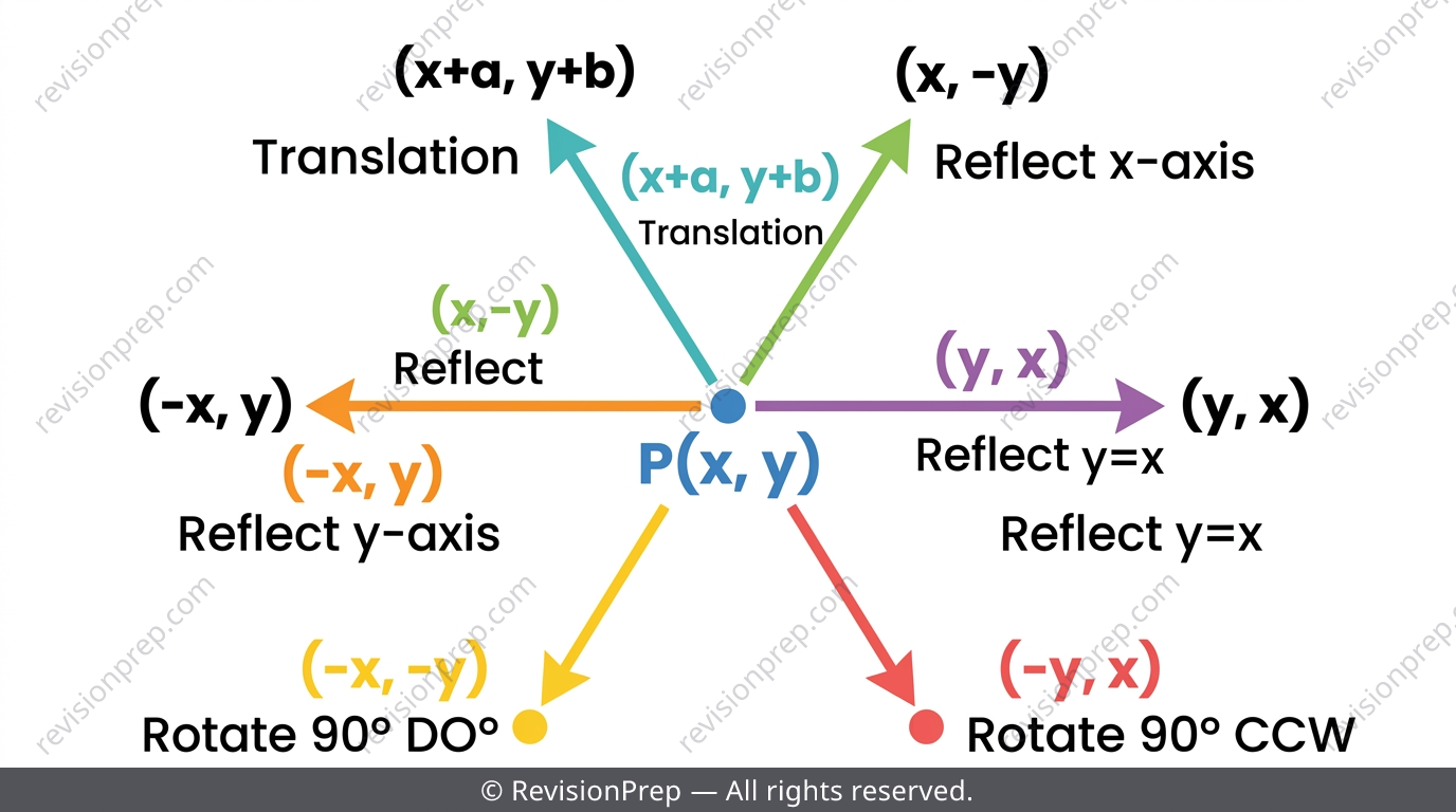 List of coordinate transformation rules mapped visually with arrows on a small grid