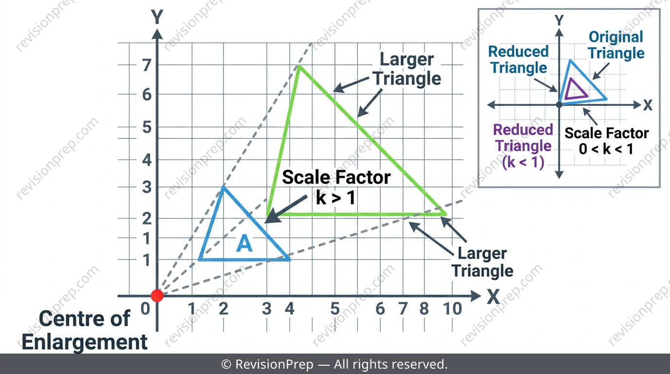 A small triangle enlarged from a centre point with scale factor k showing similar but not congruent shapes