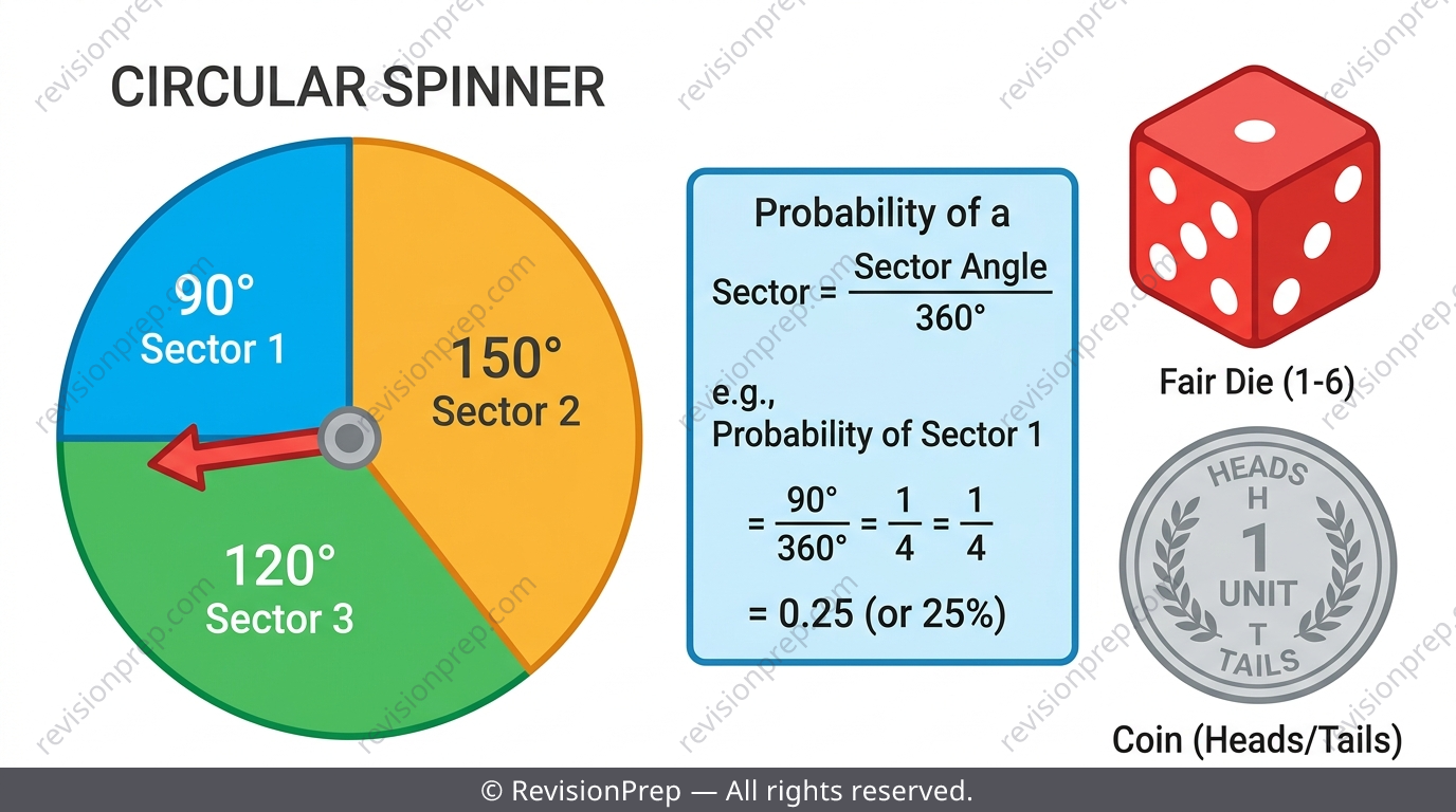 Spinner with unequal sized sectors labelled with angles out of 360 degrees