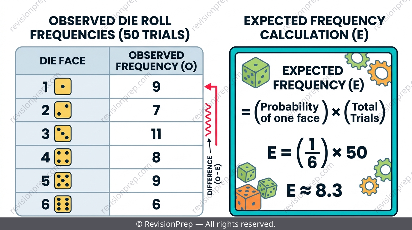 Frequency table showing observed rolls of a die next to a calculated expected frequency for comparison