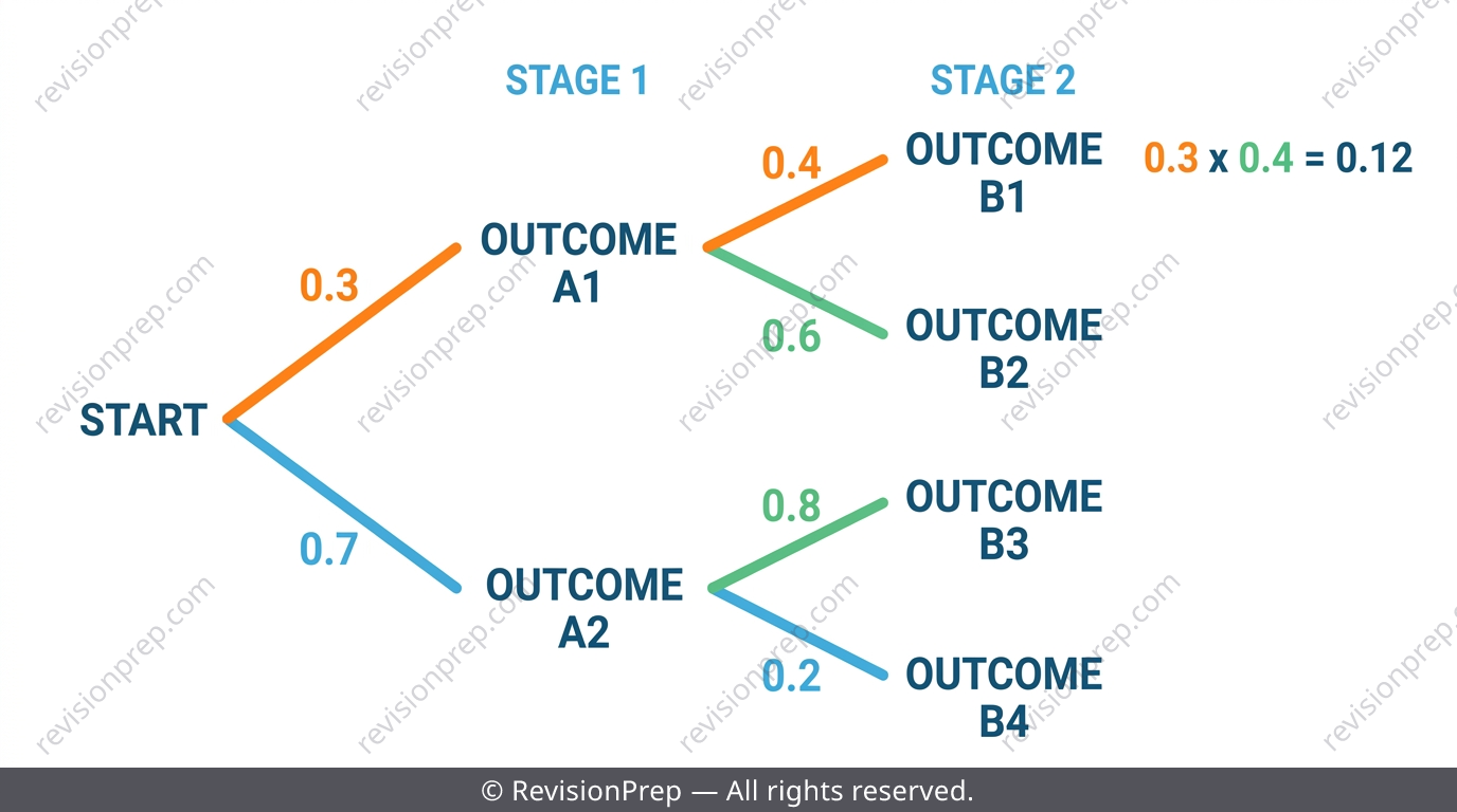Simple two-stage tree diagram with branches labelled with probabilities leading to combined outcomes