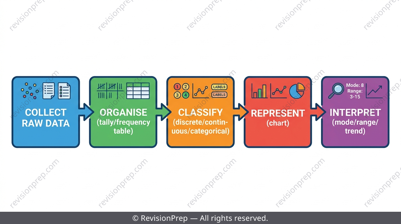 Five-stage pipeline diagram: collect, organise, classify, represent, interpret