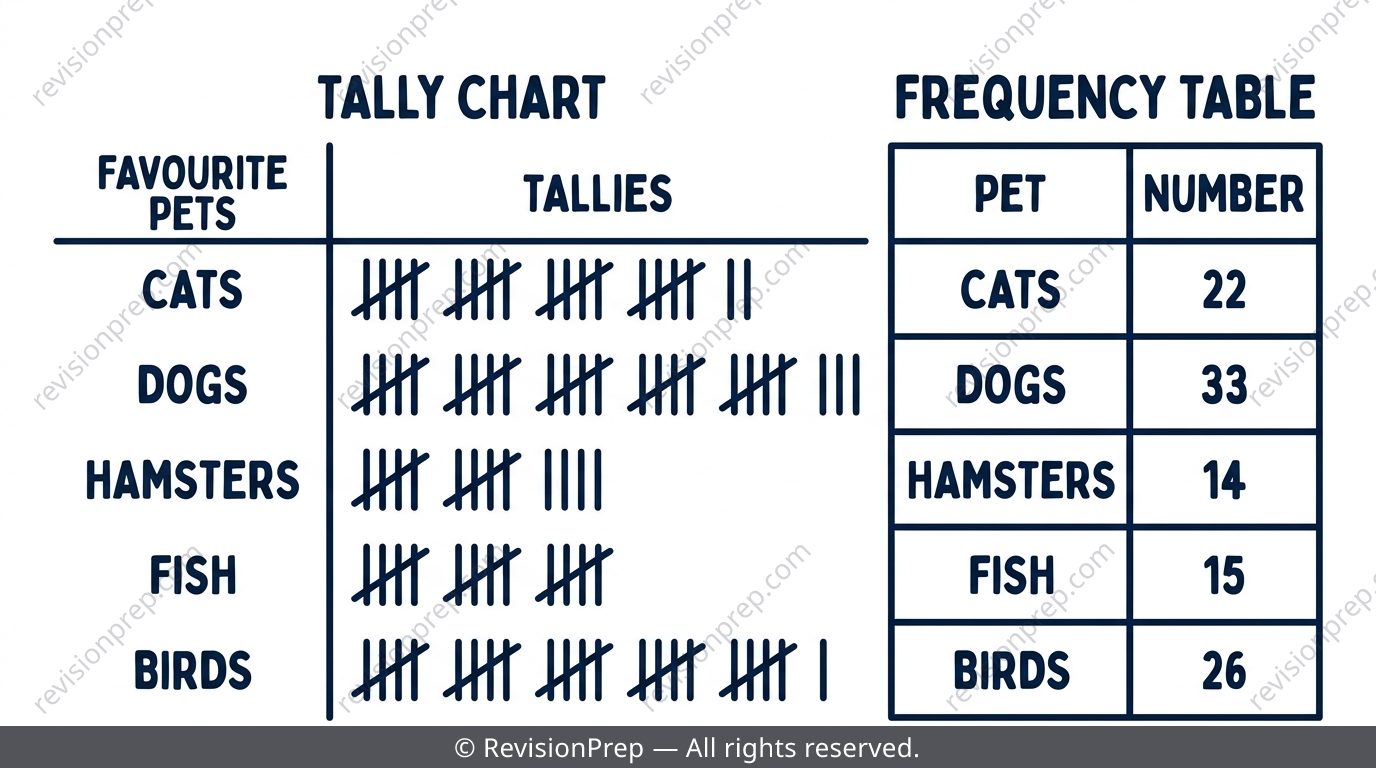 Tally chart with strokes grouped in fives next to a frequency table