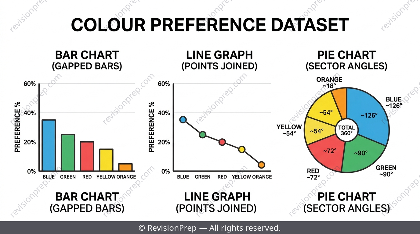 Side-by-side bar chart, line graph and pie chart of the same dataset
