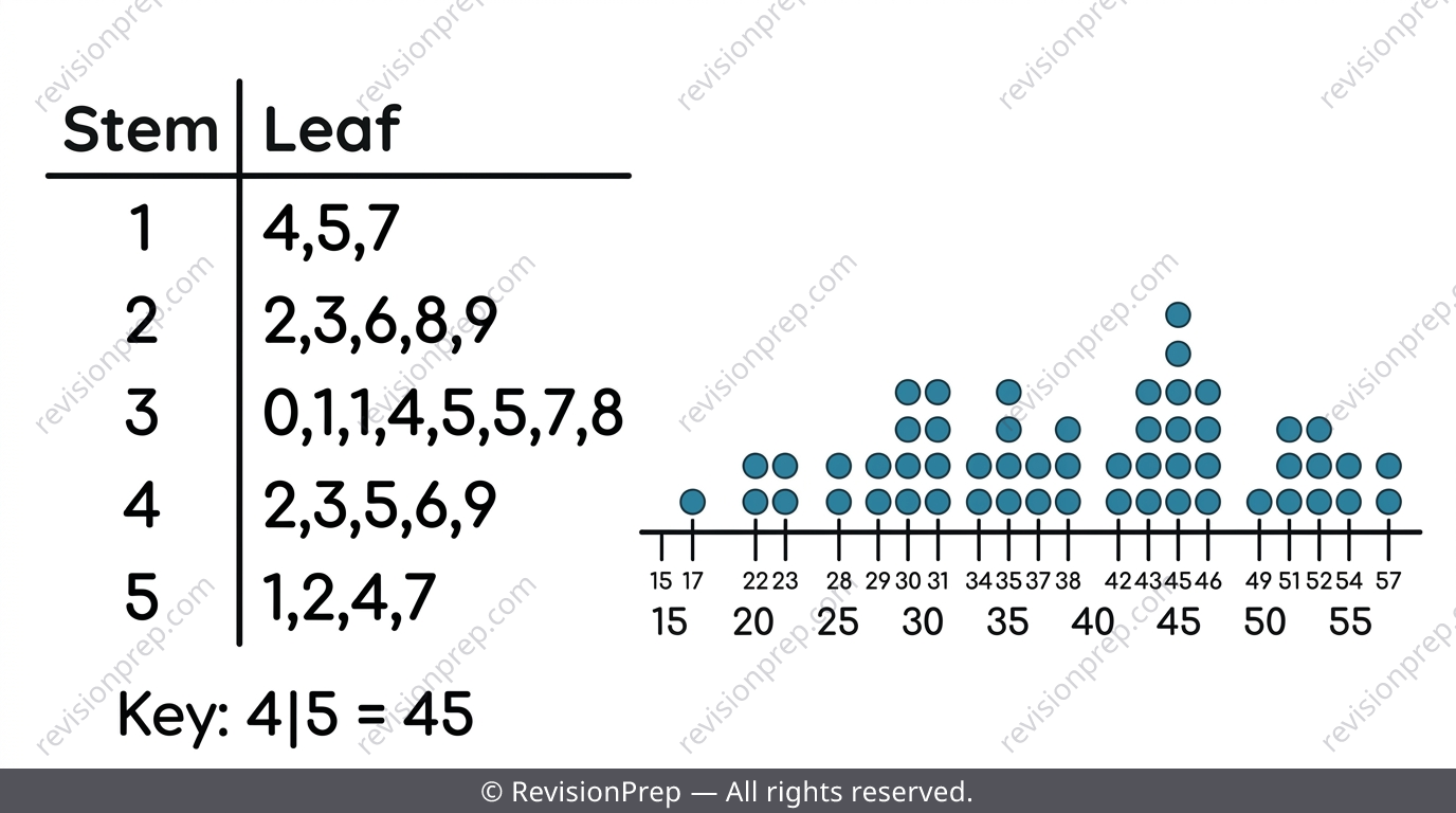 Stem-and-leaf diagram with a key, next to a dot plot on a number line