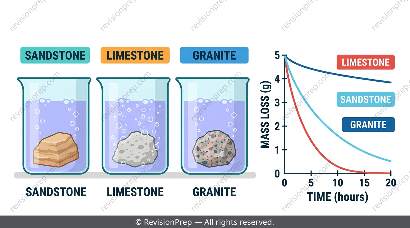Three rock samples in acid beakers with a graph showing mass loss over time for each