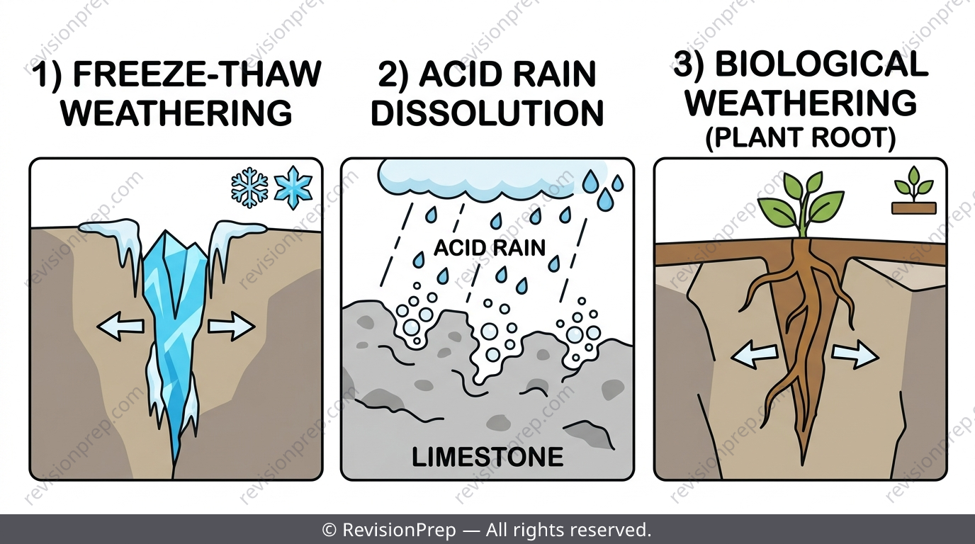 Three small illustrations showing freeze-thaw cracking, limestone dissolving in acid rain, and plant roots splitting rock
