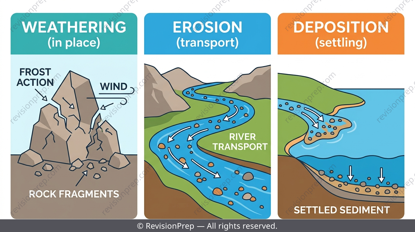 Diagram showing a rock breaking into fragments in place, then fragments being carried by a river and finally settling downstream
