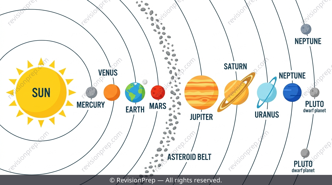 Solar System diagram showing the Sun, eight planets in order, the asteroid belt, and Pluto labelled as a dwarf planet