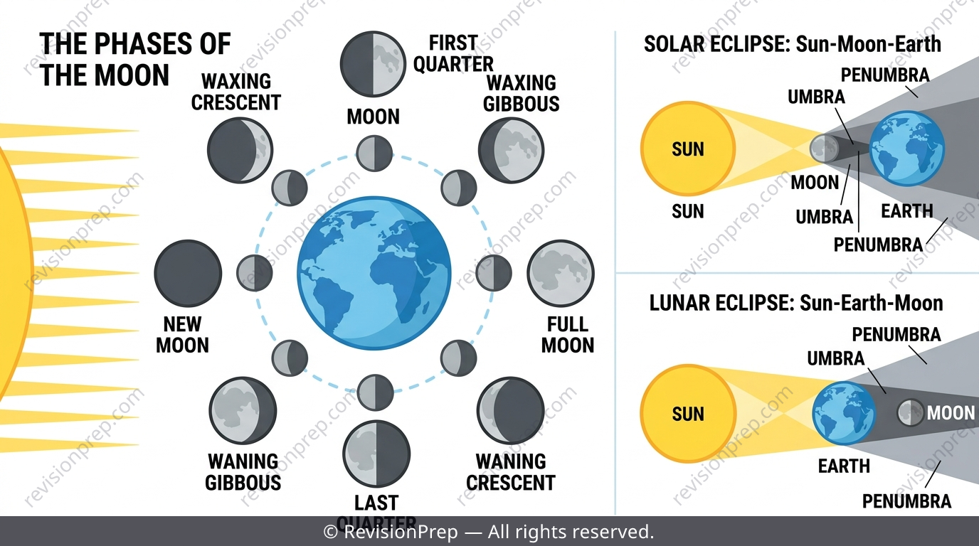 Diagram of the Moon orbiting Earth showing phase names, plus separate solar and lunar eclipse alignment diagrams