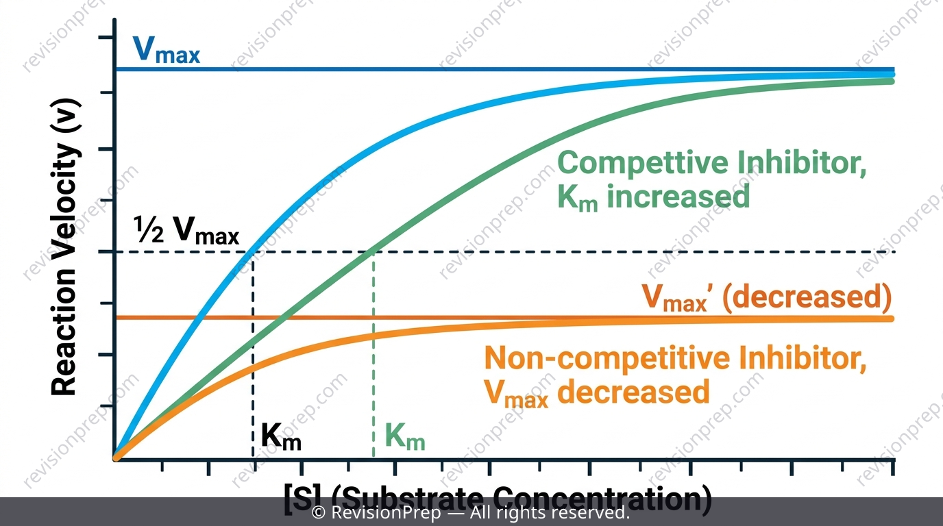 Michaelis-Menten curve showing Km, Vmax and half-maximal velocity, with competitive and non-competitive inhibitor curves overlaid