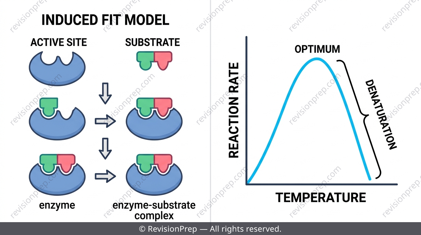 Enzyme active site binding substrate via induced fit, with a temperature-rate graph showing an optimum and denaturation