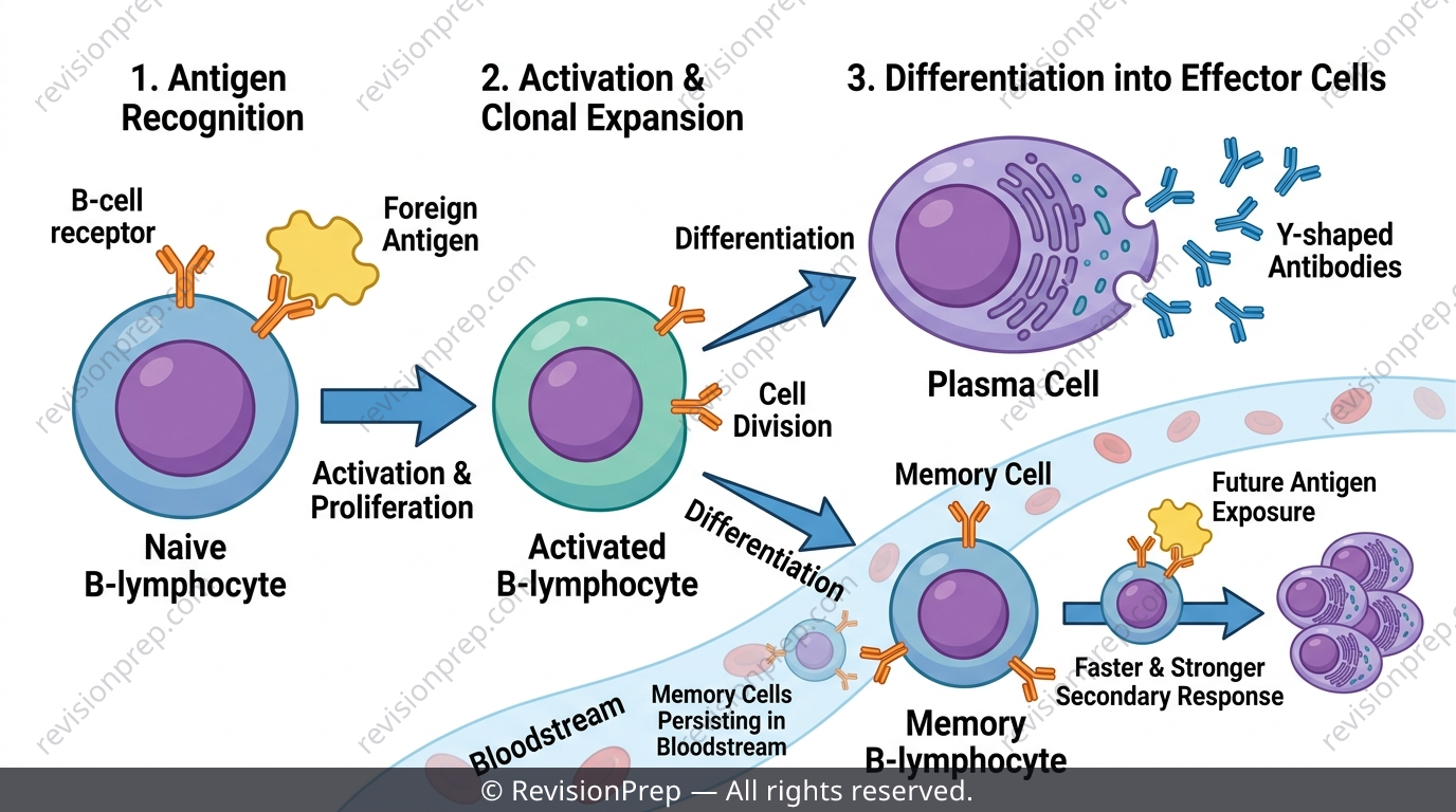 Diagram of B-lymphocyte differentiating into plasma cells and memory cells after binding an antigen