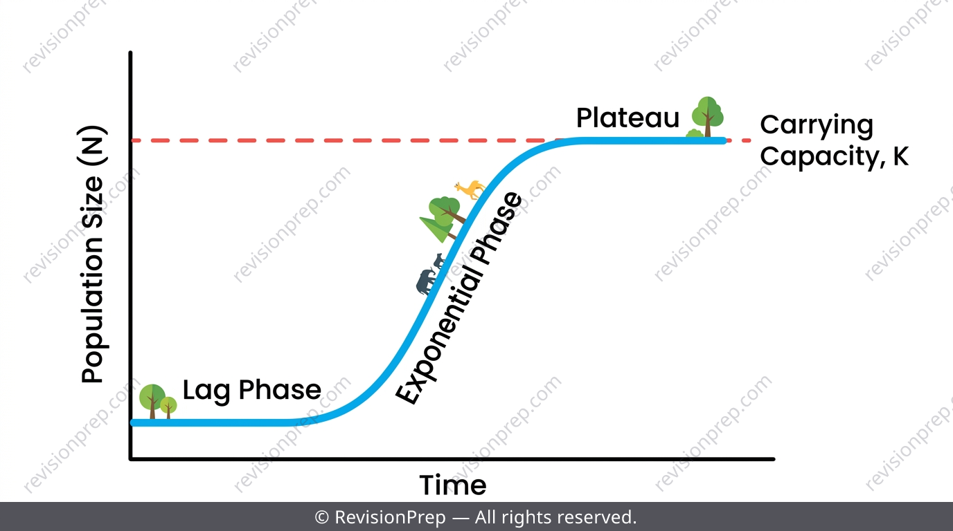 Sigmoid population growth curve with lag, exponential and plateau phases labelled, carrying capacity K marked
