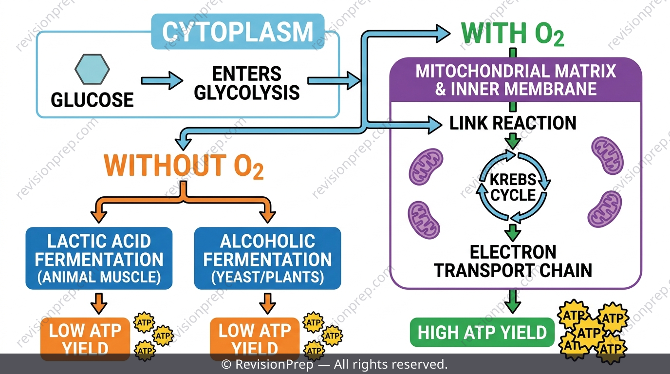 Flowchart comparing aerobic respiration through glycolysis, Krebs cycle and electron transport chain versus anaerobic fermentation pathways