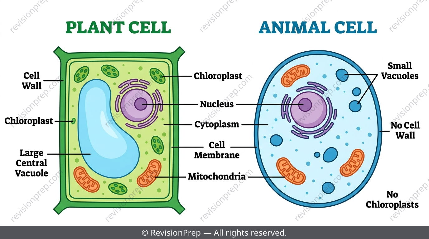 Side-by-side diagram of a plant cell and animal cell with differences labelled