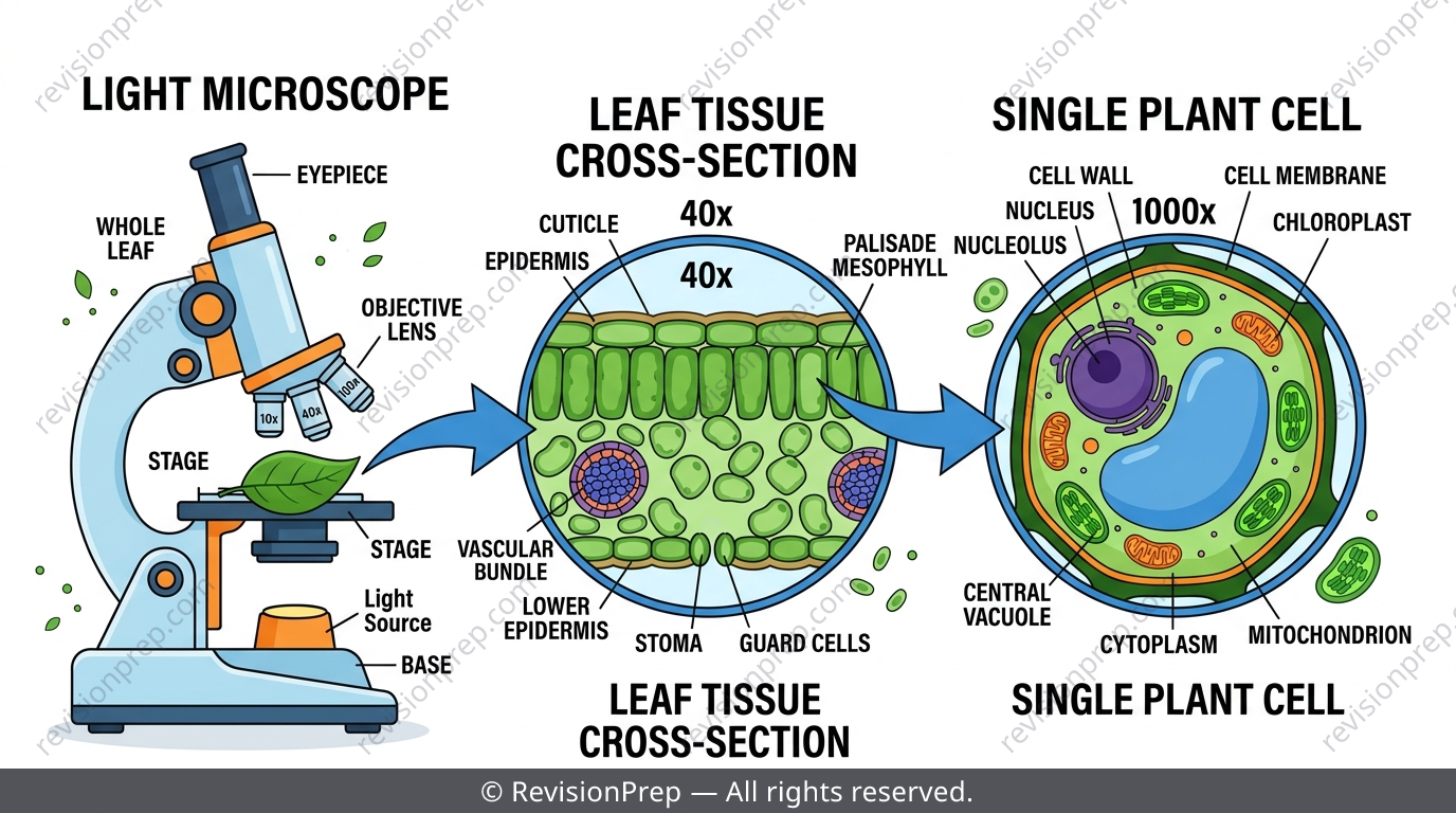 A microscope viewing a cell at increasing levels of magnification