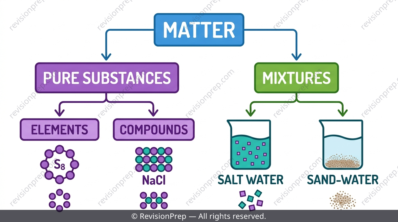 Venn-style diagram sorting elements and compounds under pure substances, separate from mixtures