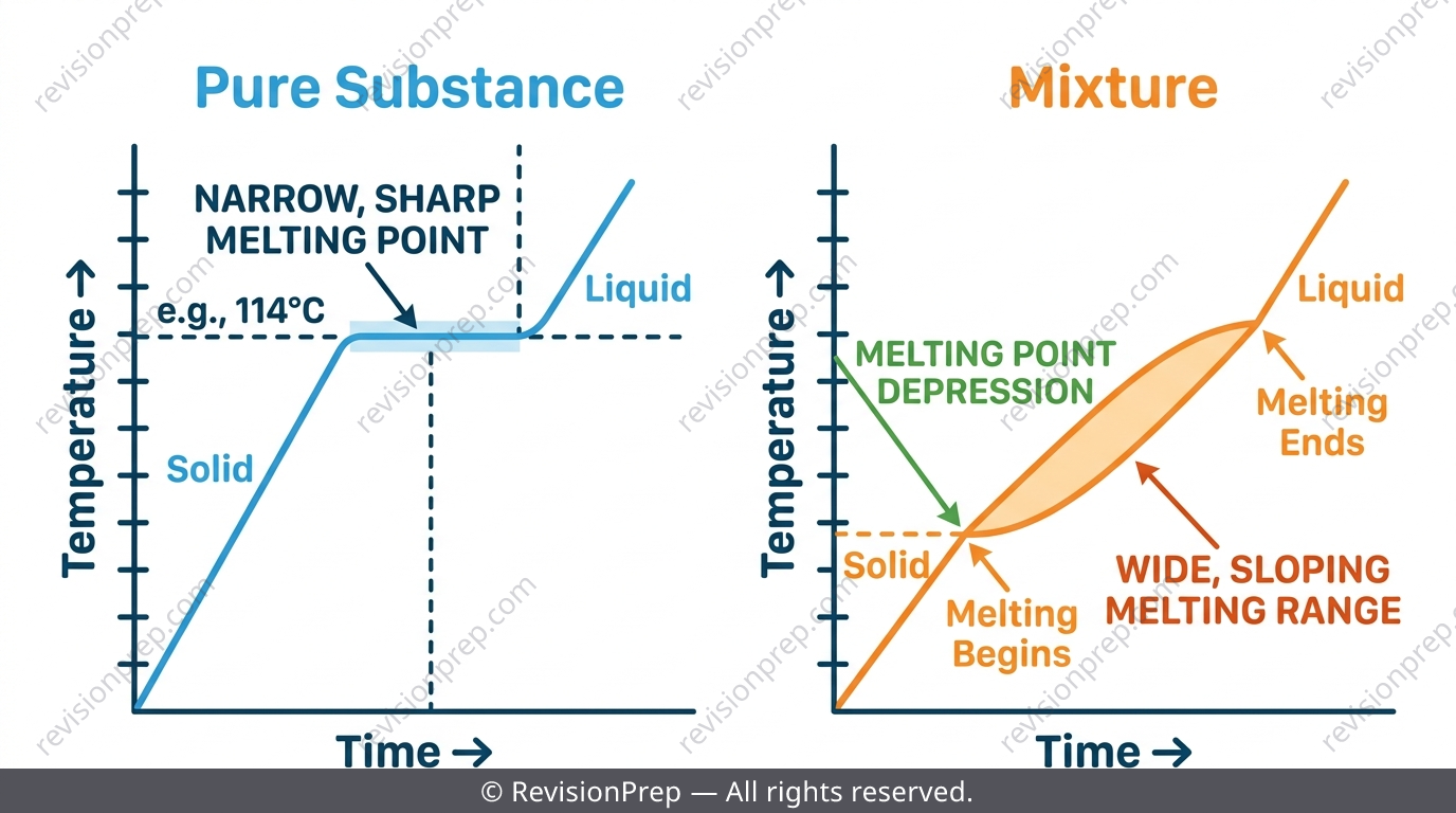 Two melting point graphs, one showing a sharp spike for a pure substance and one showing a wide depressed range for a mixture