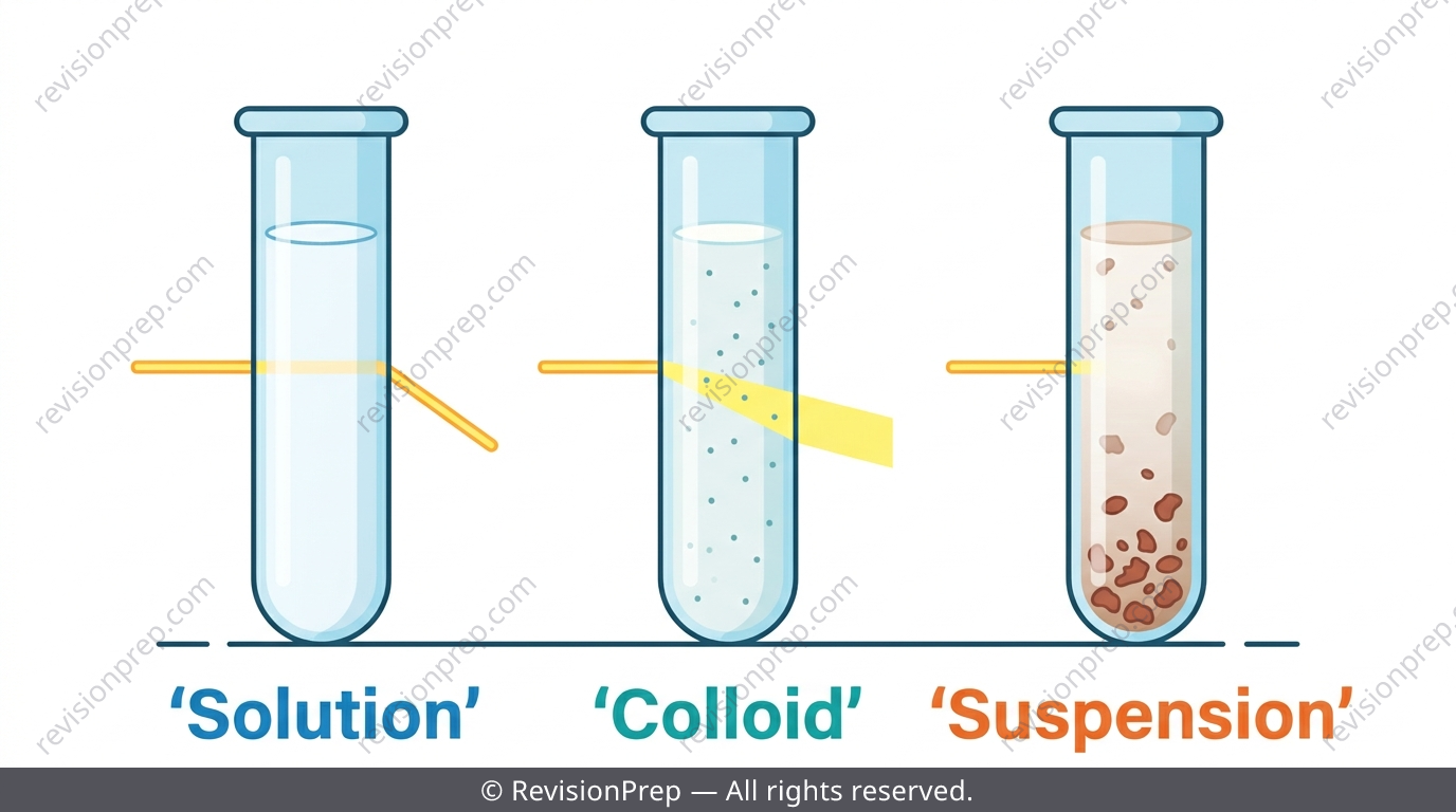 Three test tubes showing a clear solution, a colloid scattering a laser beam, and a suspension with settled particles