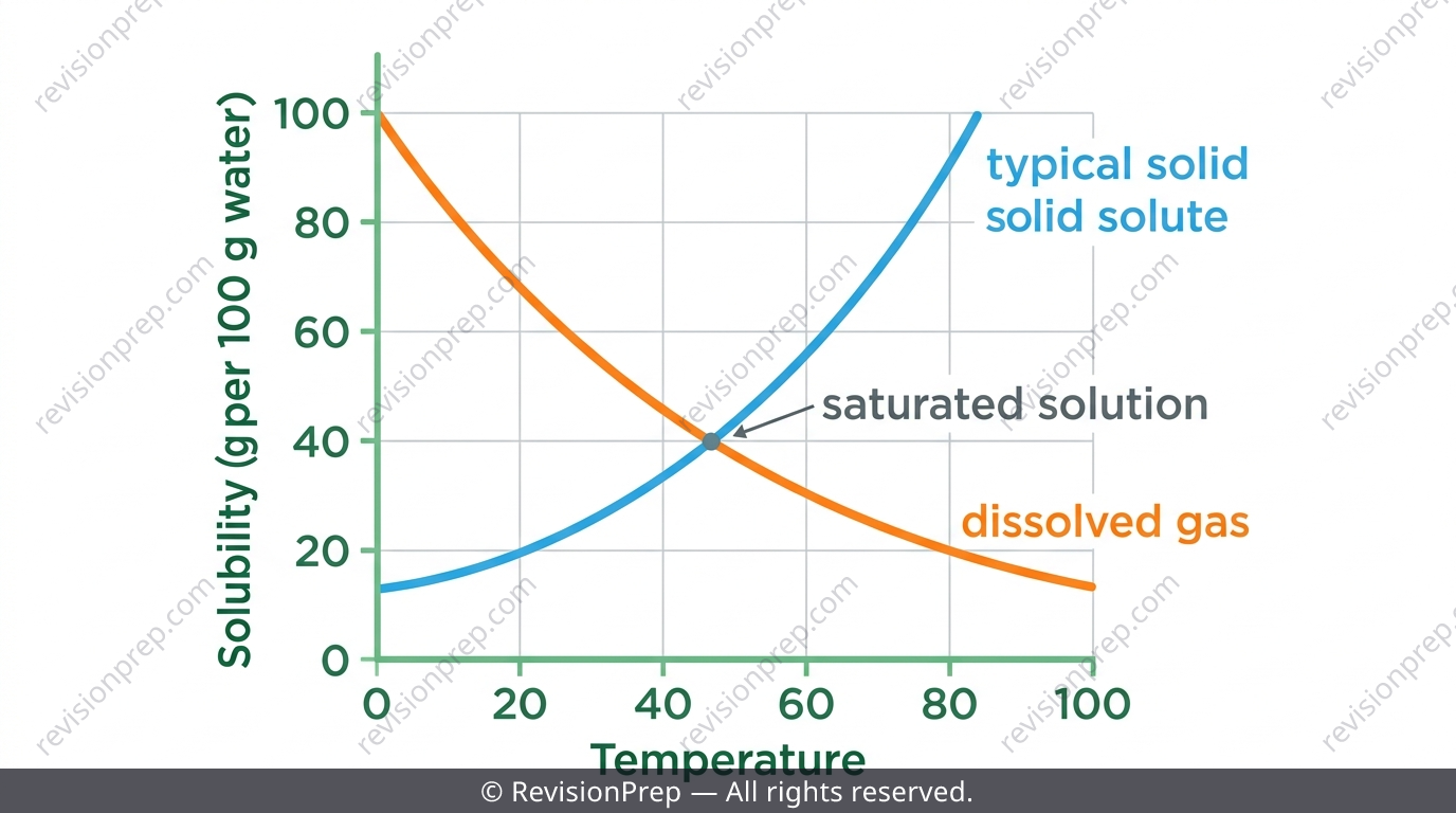 Solubility curve graph showing solid solubility rising with temperature and gas solubility falling with temperature