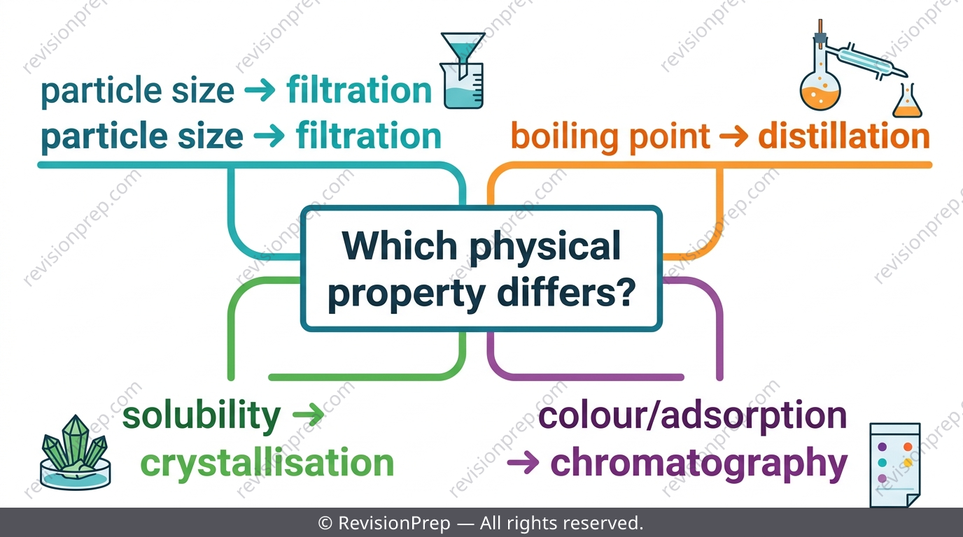 Flowchart connecting physical properties like particle size, boiling point and solubility to matching separation techniques