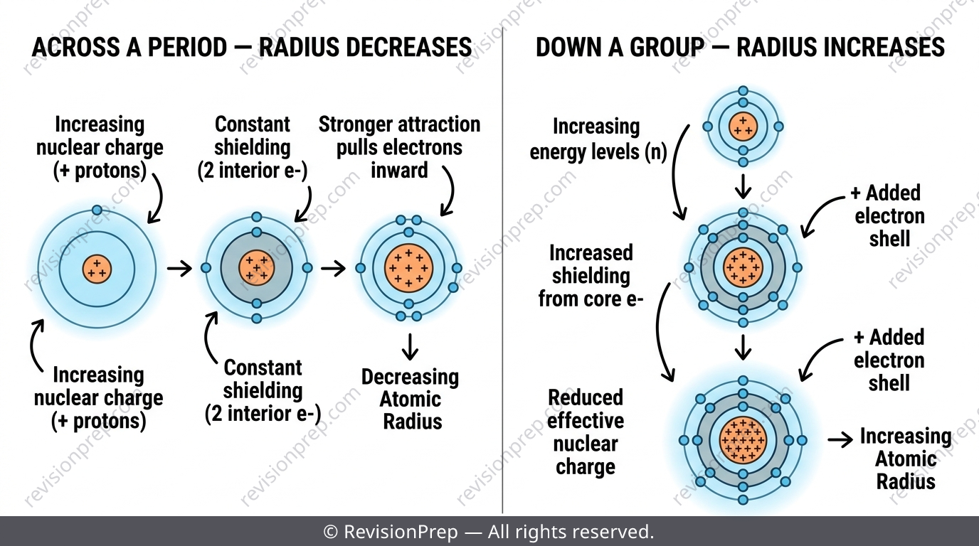 Diagram of nuclear charge versus electron shielding effect on atomic radius across a period and down a group