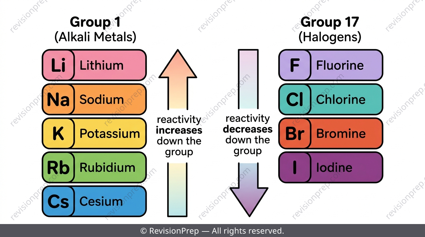 Graph showing Group 1 reactivity increasing down the group and Group 17 reactivity decreasing down the group